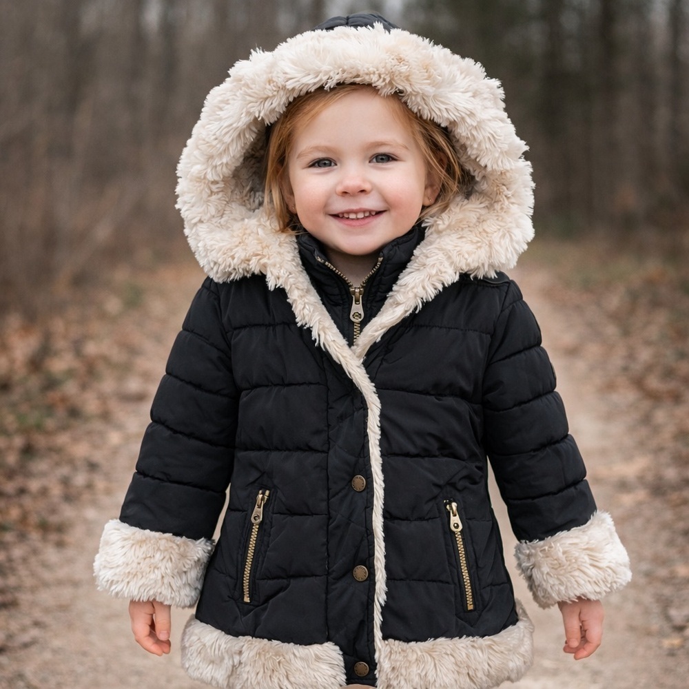 CATHERINE MALANDRINO Girls Puffer Coat with Faux Fur Trim